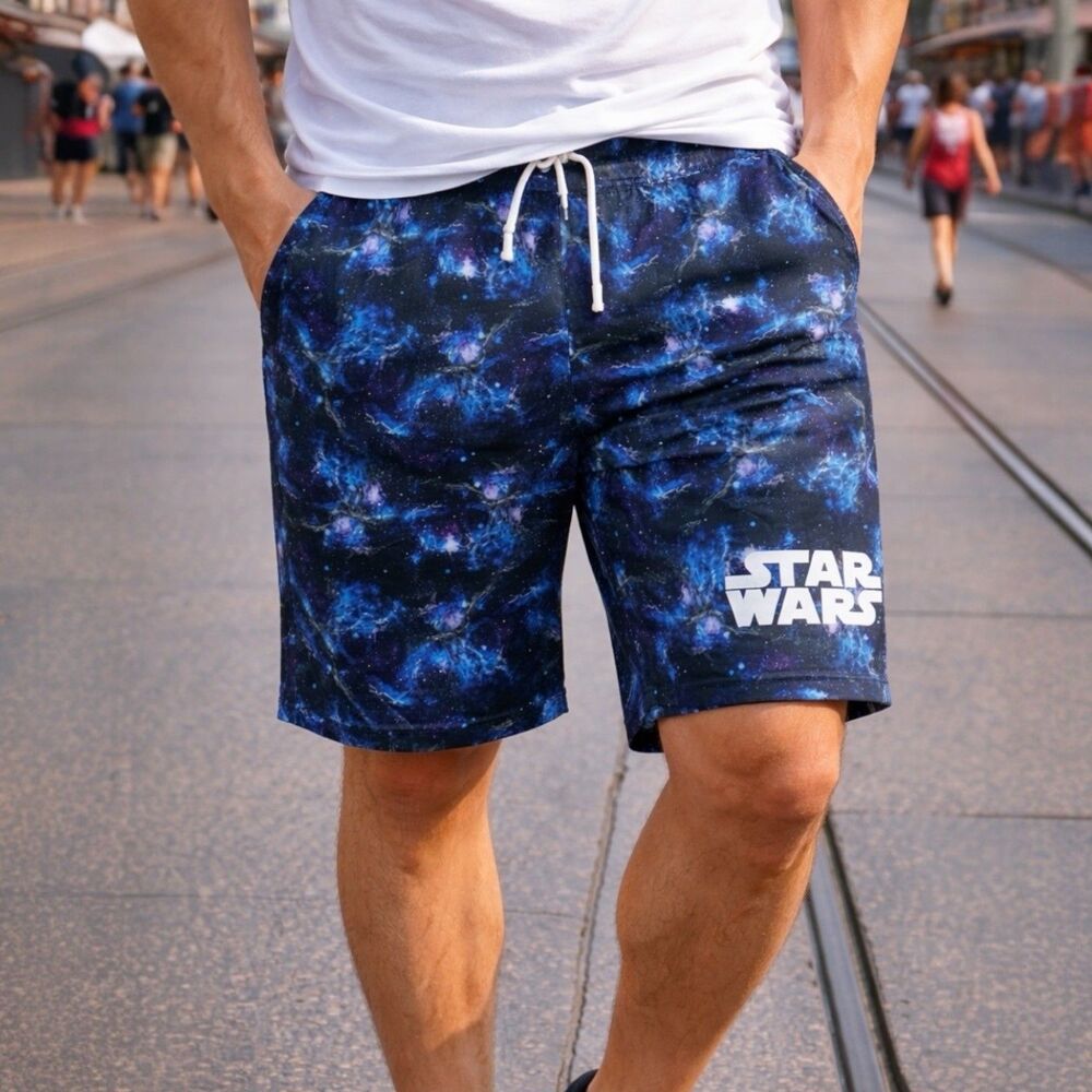 Disney Star Wars Shorts Mens XL Galaxy Print Drawstring Casual Lounge Blue Black
